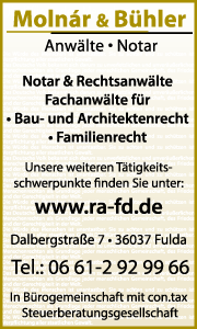 Banner der Kanzlei Molnár & Bühler in Fulda mit Informationen zu Leistungen wie Baurecht, Familienrecht und Immobilienrecht.